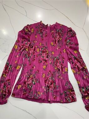WAYF Fuchsia Floral Smocked Long-Sleeve Blouse